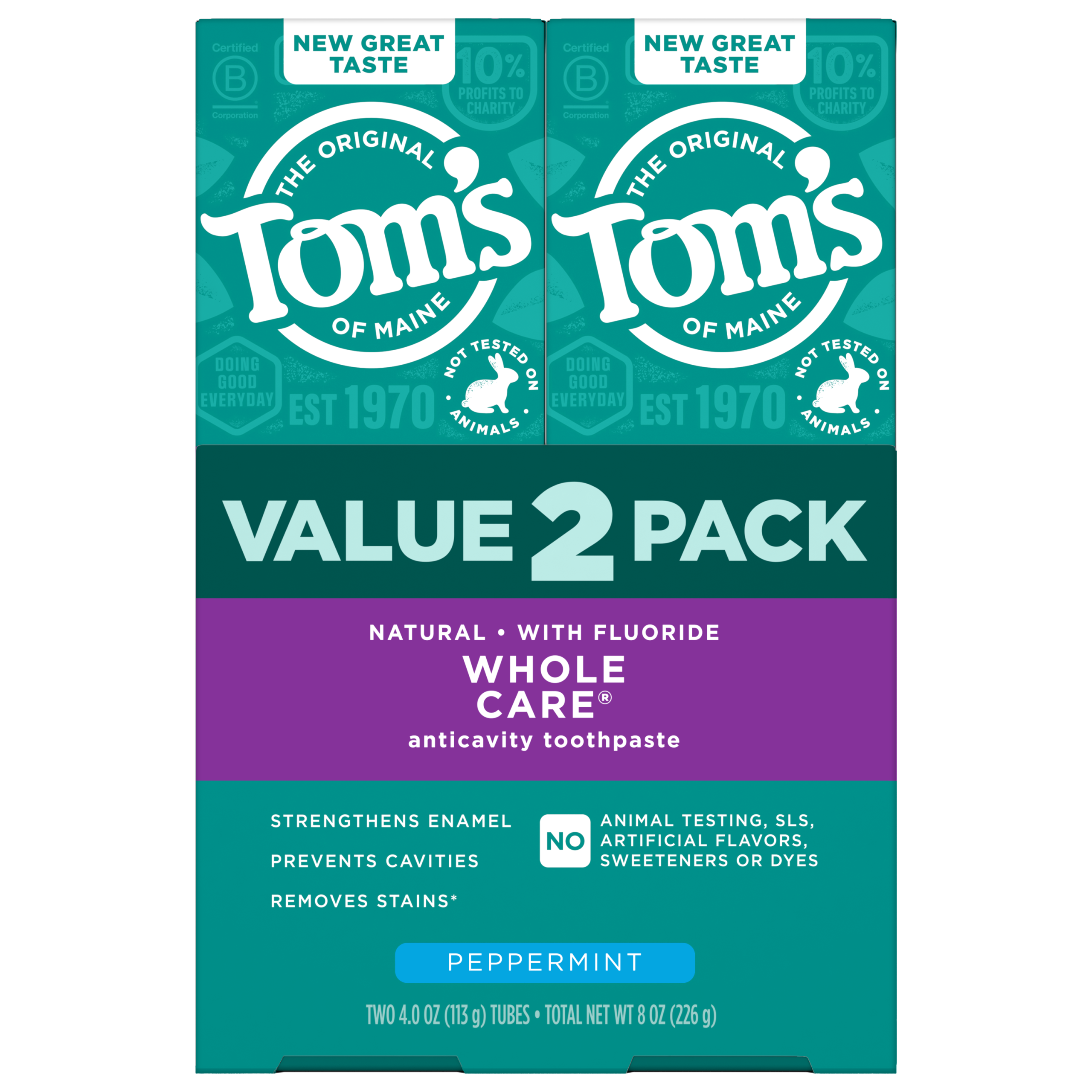 Whole Care Peppermint Natural Toothpaste with Fluoride (2-Pack)