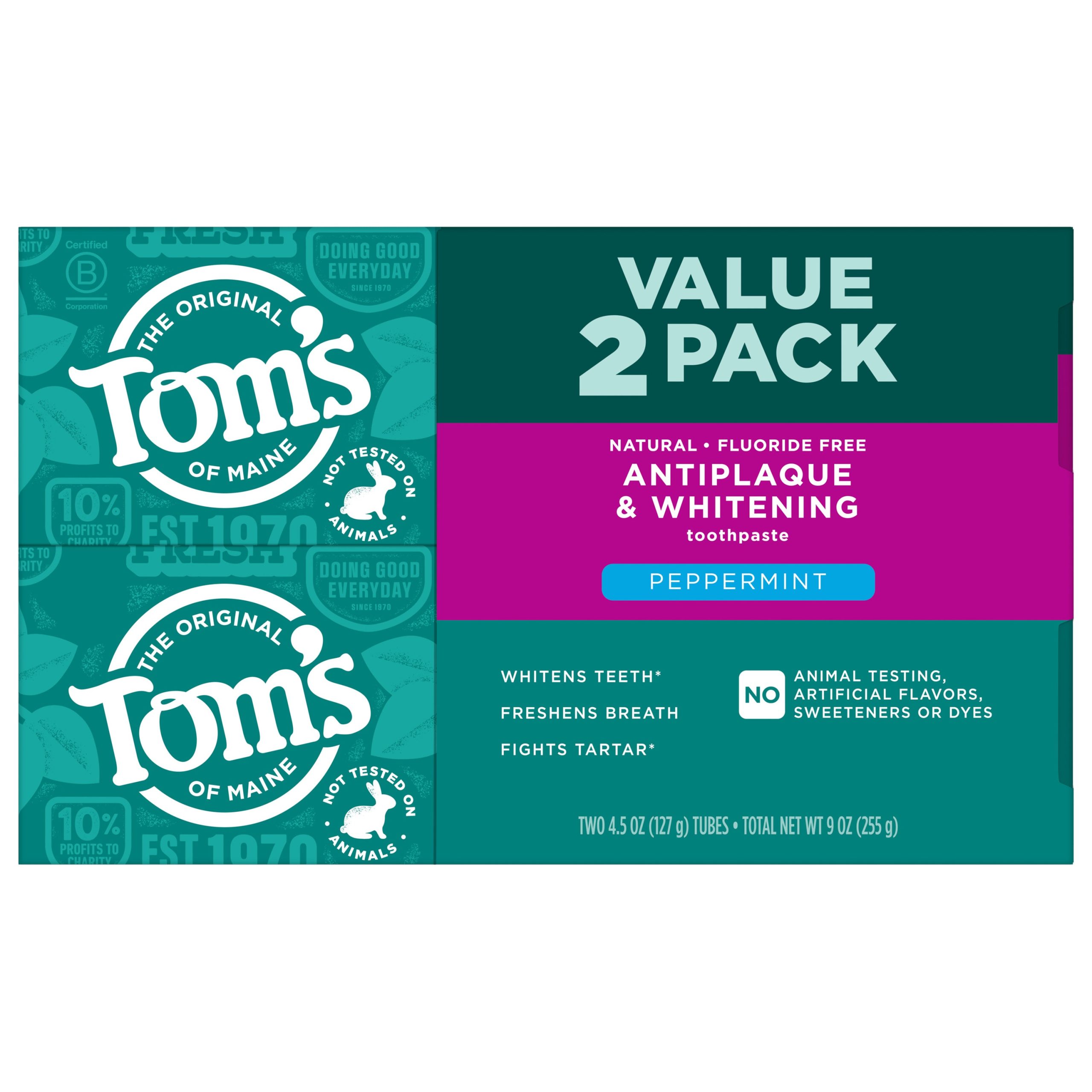 Fluoride-Free Antiplaque & Whitening Peppermint Natural Toothpaste (2 Pack)